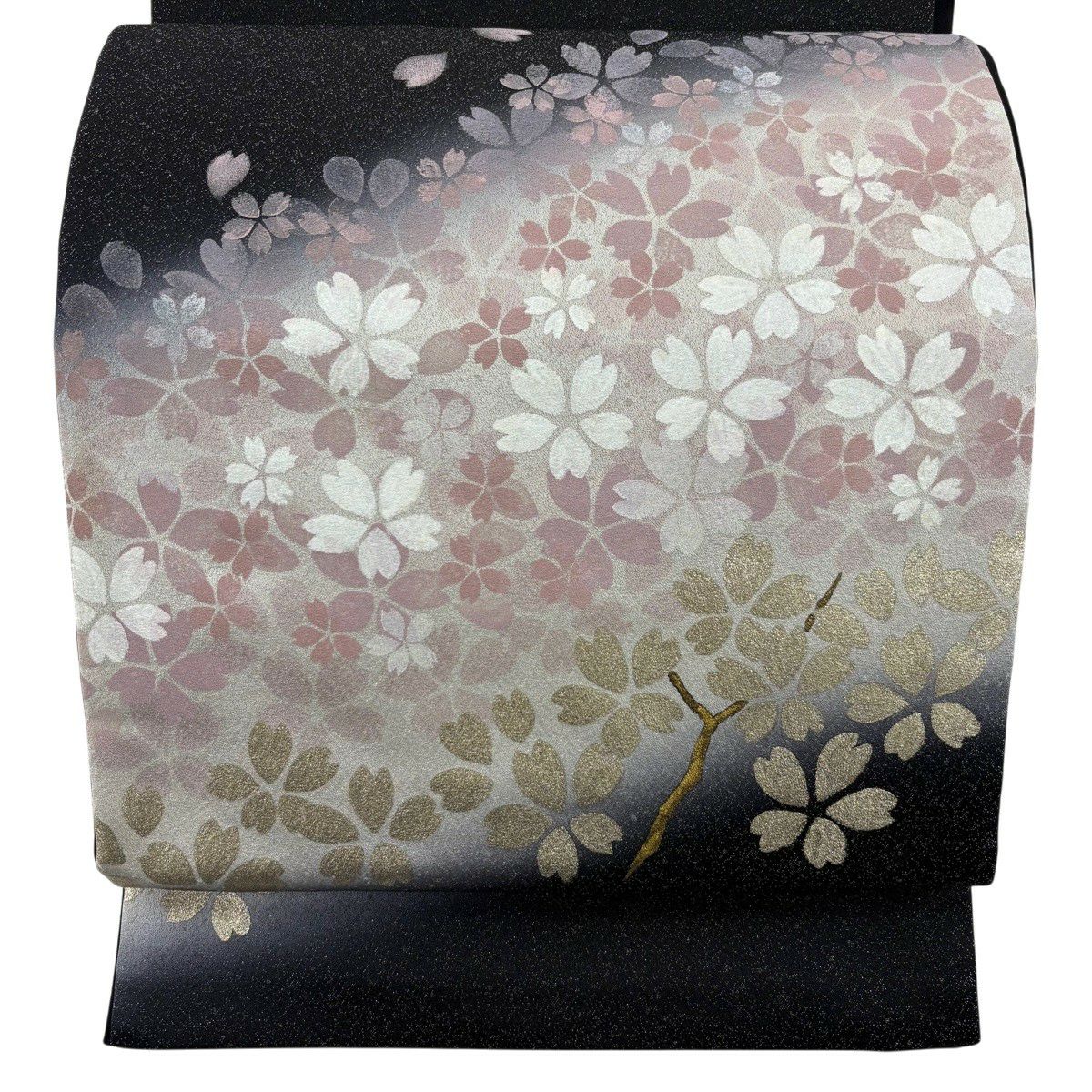 【美品】 袋帶 名品級 樱花 金銀彩 金金箔 黑色 大鼓圖案 純蠶絲