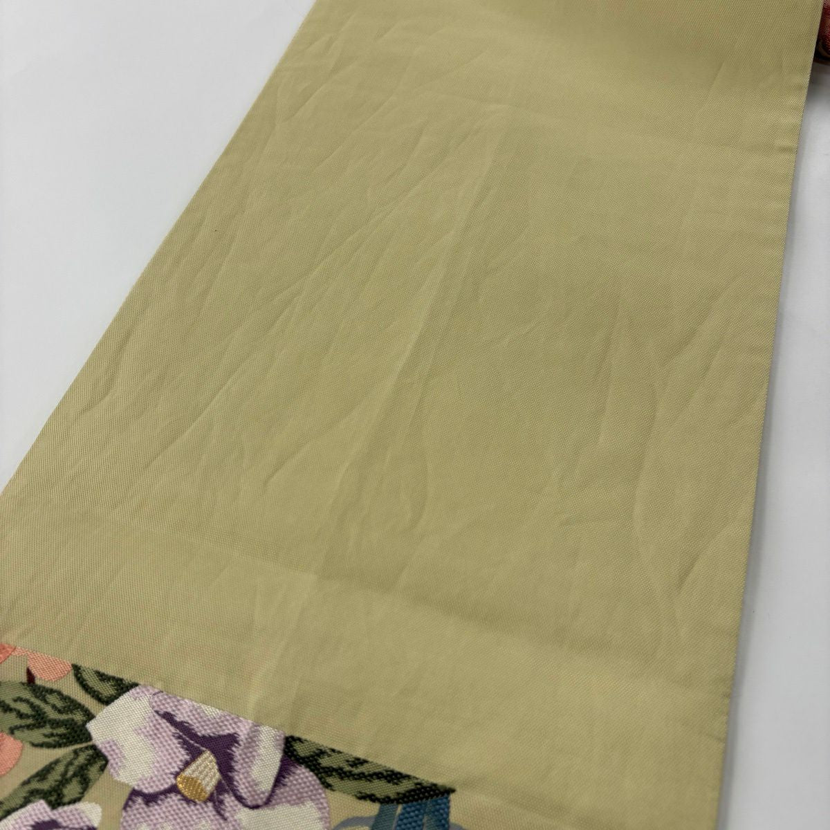 袋帶 名品級 草花紋紋 飛石 金金箔 薄黃土 深藍色 六通 純蠶絲
