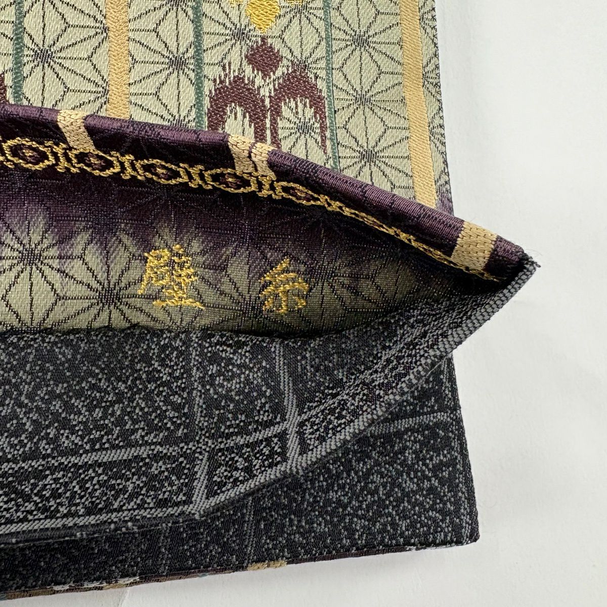 【美品】 袋帶 名品級 壁絲 麻葉 燕 灰綠 全通 純蠶絲