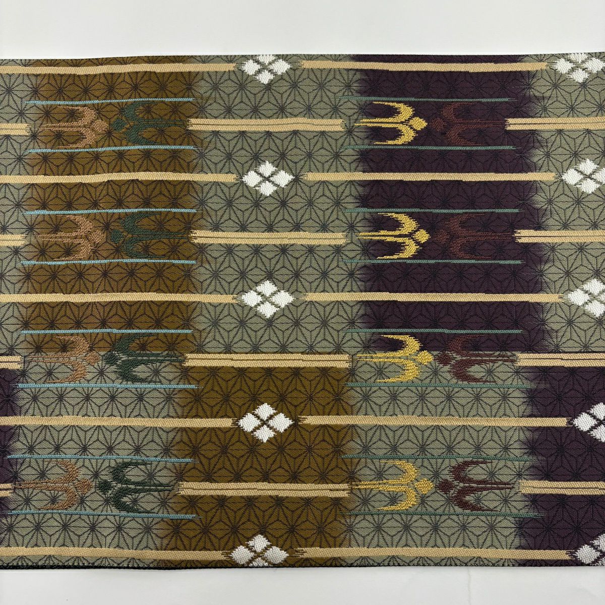 【美品】 袋帶 名品級 壁絲 麻葉 燕 灰綠 全通 純蠶絲