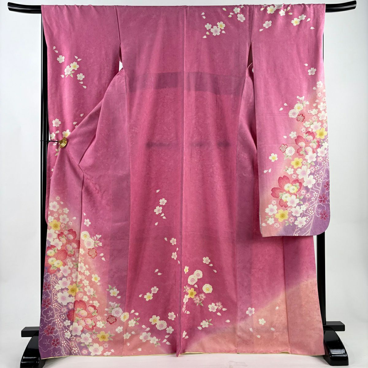 【美品】振袖禮服 身長170.5cm 袖長68.5cm L 雙層 櫻花 菊花花 金銀彩 漸層 粉紅 純蠶絲 名品級