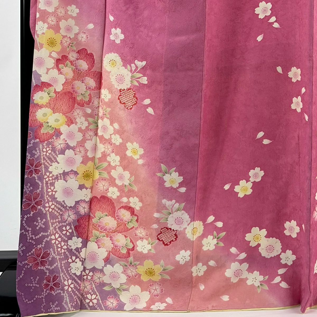 【美品】振袖禮服 身長170.5cm 袖長68.5cm L 雙層 櫻花 菊花花 金銀彩 漸層 粉紅 純蠶絲 名品級