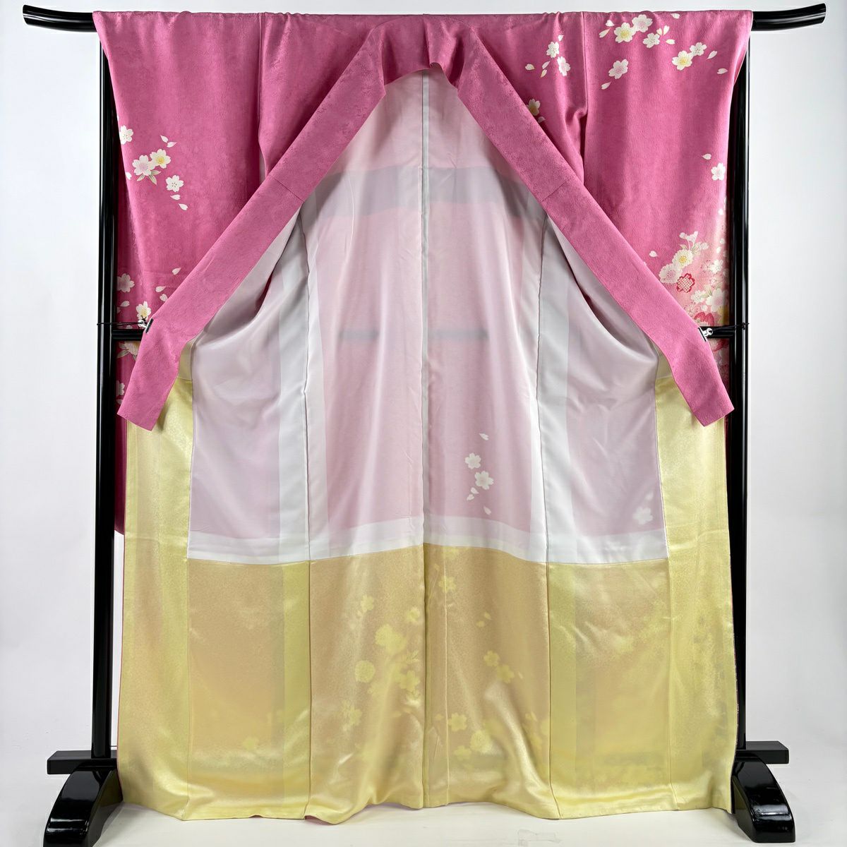 【美品】振袖禮服 身長170.5cm 袖長68.5cm L 雙層 櫻花 菊花花 金銀彩 漸層 粉紅 純蠶絲 名品級