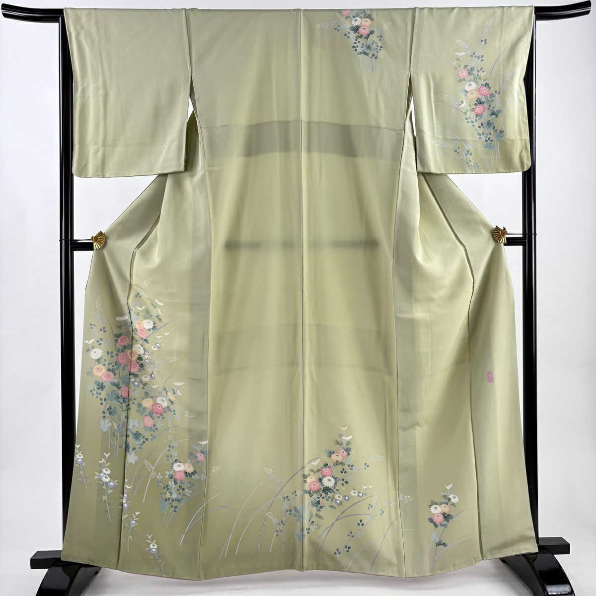 【美品】訪問服 身長163.5cm 袖長66cm M 雙層 落款あり 菊花 萩 漸層 抹茶 純蠶絲 名品級