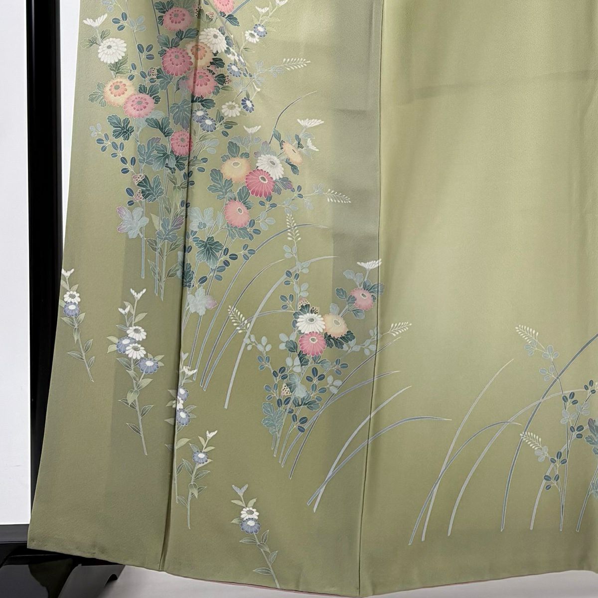 【美品】訪問服 身長163.5cm 袖長66cm M 雙層 落款あり 菊花 萩 漸層 抹茶 純蠶絲 名品級