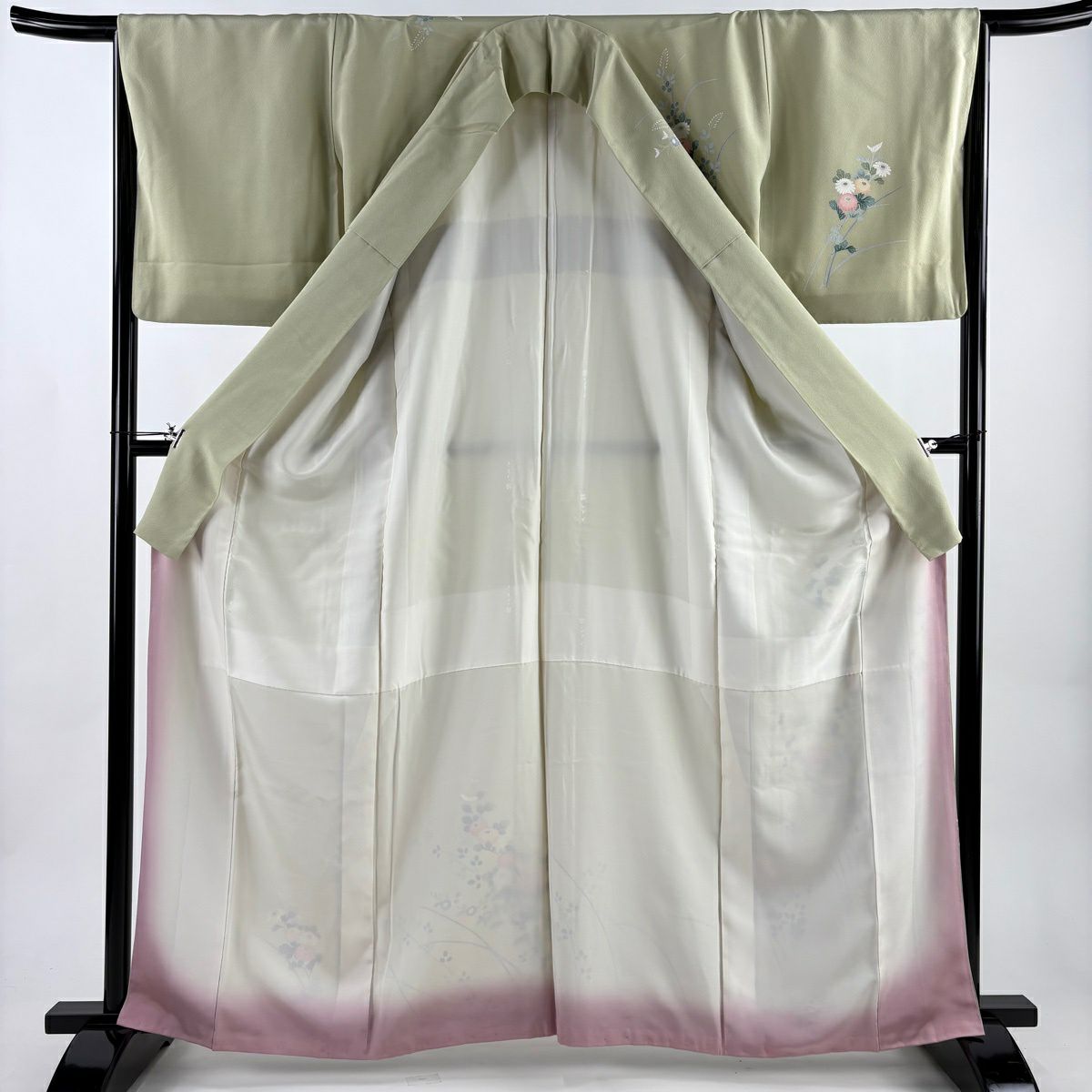【美品】訪問服 身長163.5cm 袖長66cm M 雙層 落款あり 菊花 萩 漸層 抹茶 純蠶絲 名品級