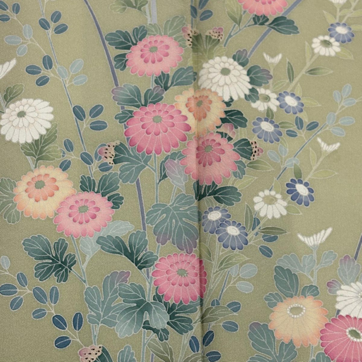 【美品】訪問服 身長163.5cm 袖長66cm M 雙層 落款あり 菊花 萩 漸層 抹茶 純蠶絲 名品級