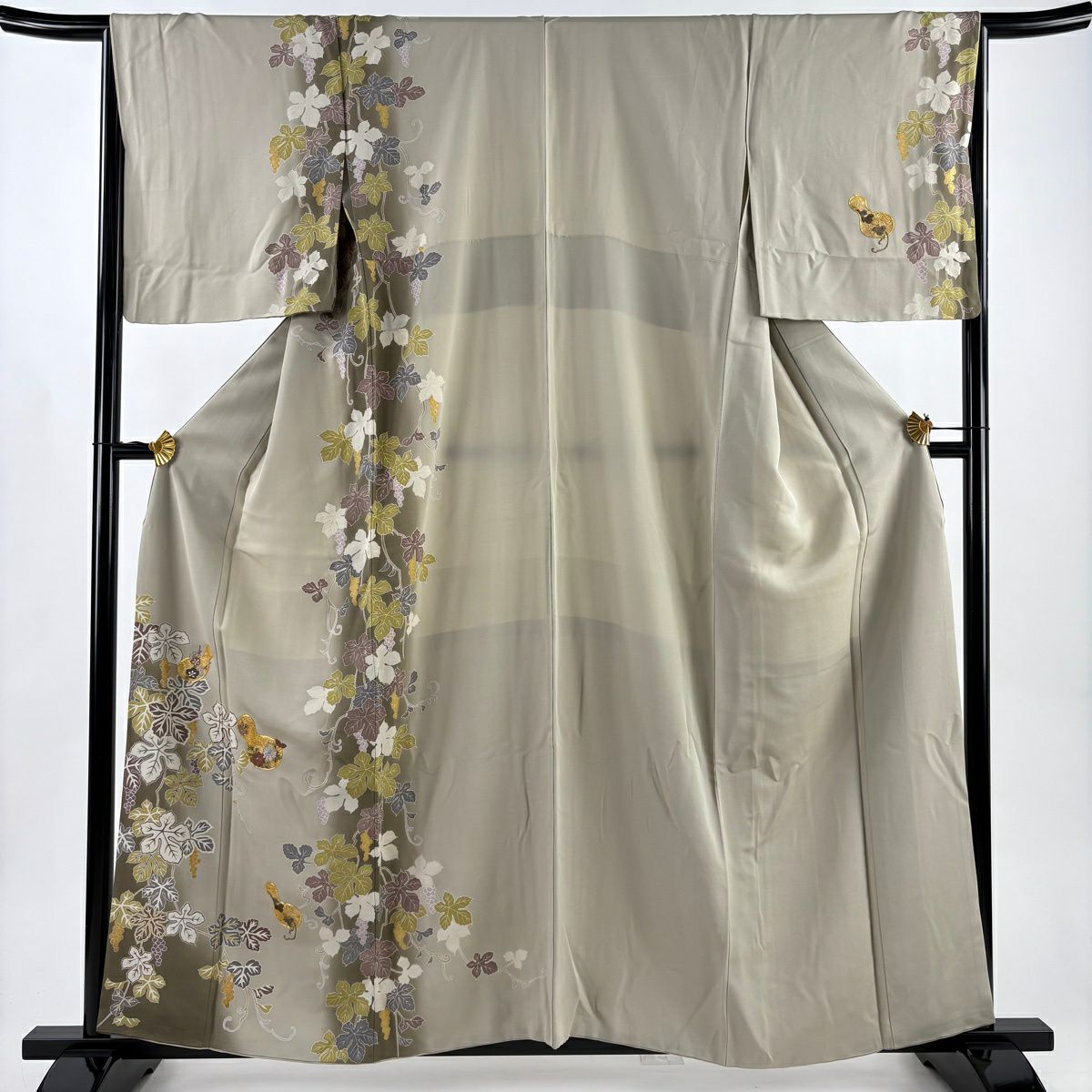 付下 身長160cm 袖長66cm M 雙層 大和 瓢箪 葡萄 刺繡 金線 灰綠 純蠶絲 名品級