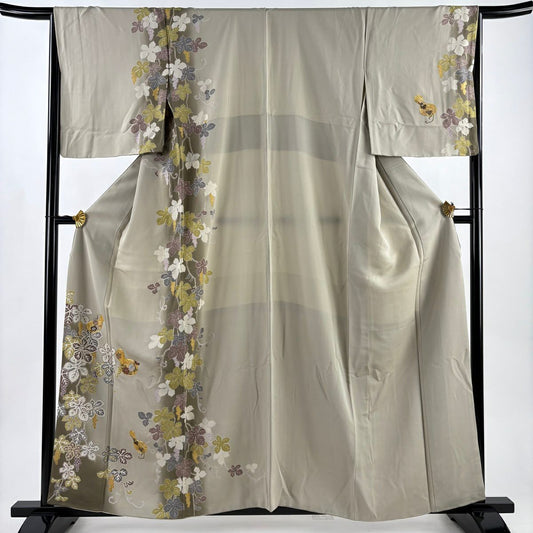 付下 身長160cm 袖長66cm M 雙層 大和 瓢箪 葡萄 刺繡 金線 灰綠 純蠶絲 名品級