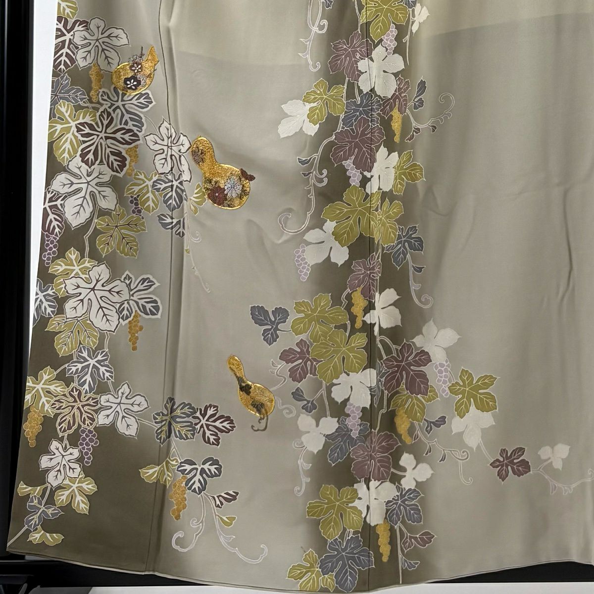 付下 身長160cm 袖長66cm M 雙層 大和 瓢箪 葡萄 刺繡 金線 灰綠 純蠶絲 名品級