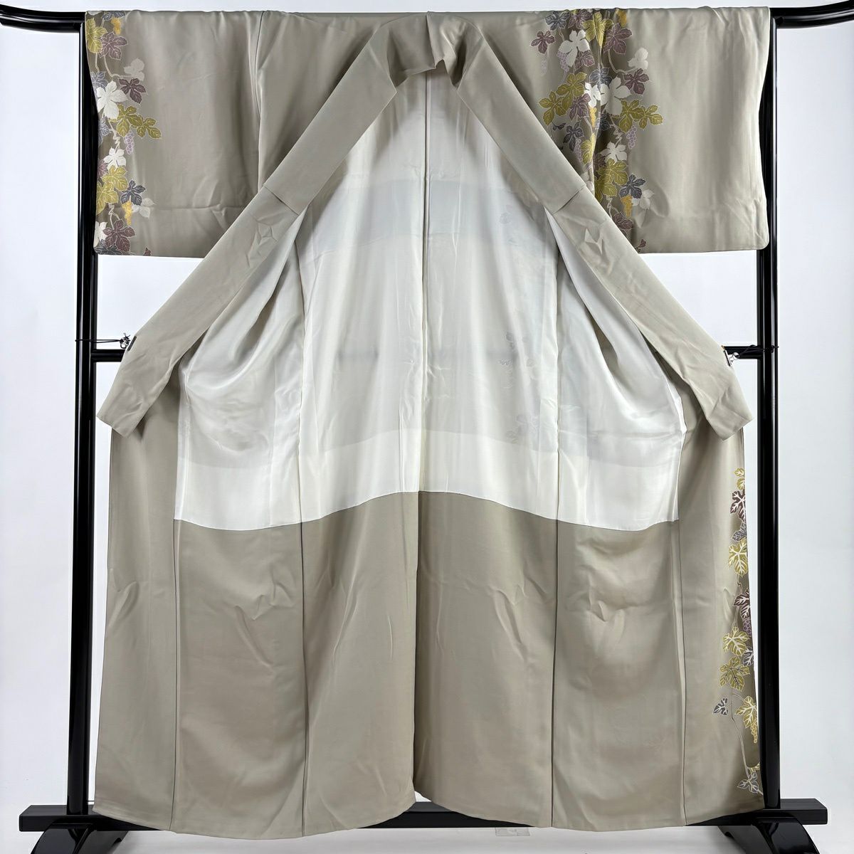 付下 身長160cm 袖長66cm M 雙層 大和 瓢箪 葡萄 刺繡 金線 灰綠 純蠶絲 名品級