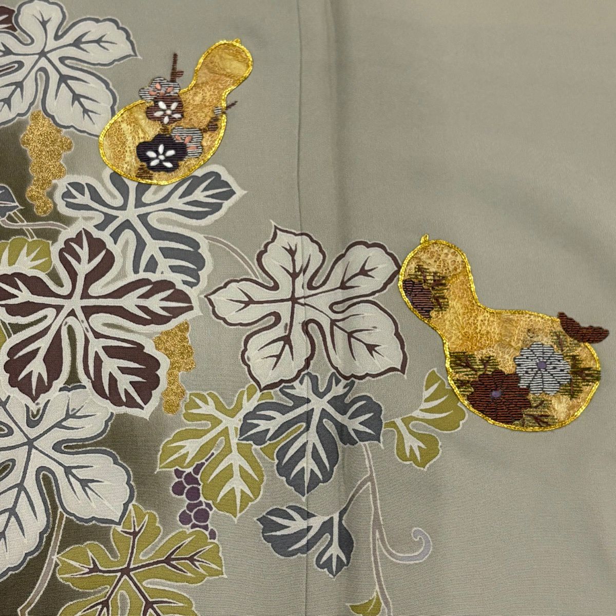 付下 身長160cm 袖長66cm M 雙層 大和 瓢箪 葡萄 刺繡 金線 灰綠 純蠶絲 名品級