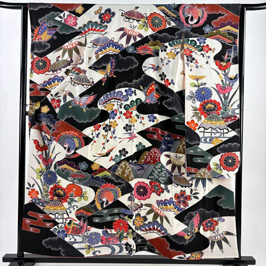 【美品】振袖禮服 身長157.5cm 袖長63cm S 雙層 落款あり 仙鶴 草花紋紋 染分 灰白 純蠶絲 名品級