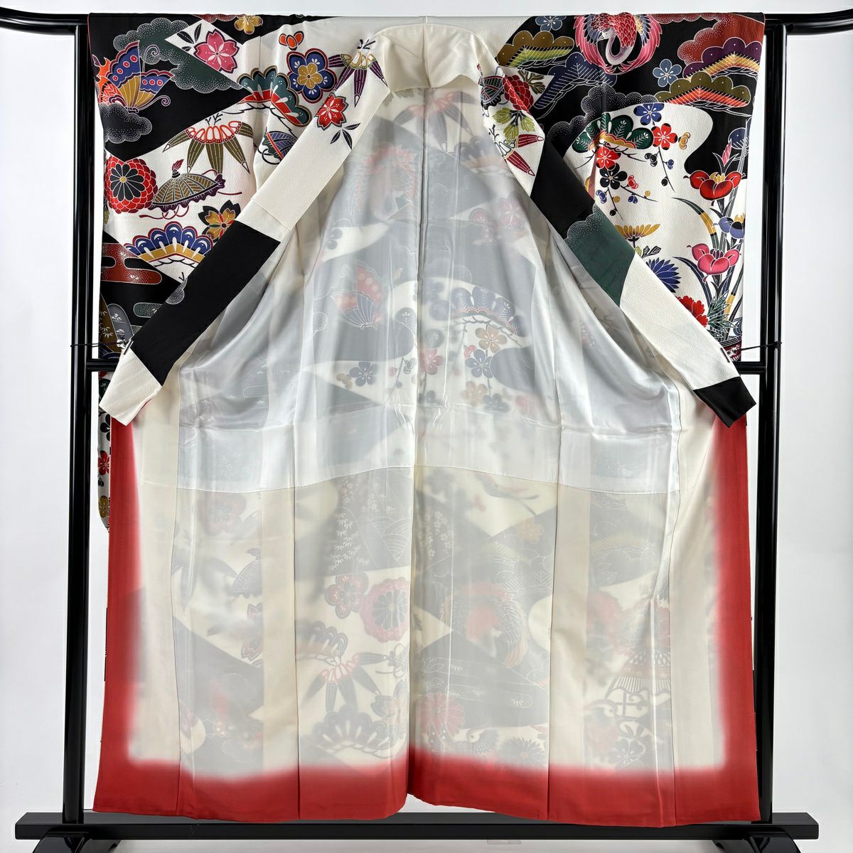 【美品】振袖禮服 身長157.5cm 袖長63cm S 雙層 落款あり 仙鶴 草花紋紋 染分 灰白 純蠶絲 名品級