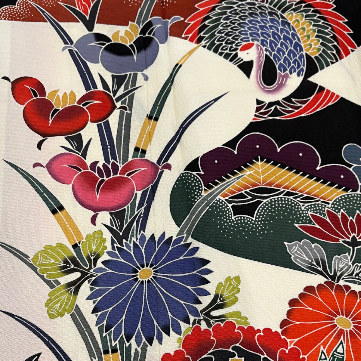 【美品】振袖禮服 身長157.5cm 袖長63cm S 雙層 落款あり 仙鶴 草花紋紋 染分 灰白 純蠶絲 名品級