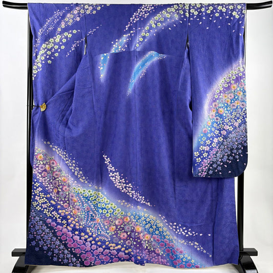 振袖禮服 身長166.5cm 袖長67.5cm L 雙層 辻花染 流水 金通 金銀彩 青紫 純蠶絲 名品級