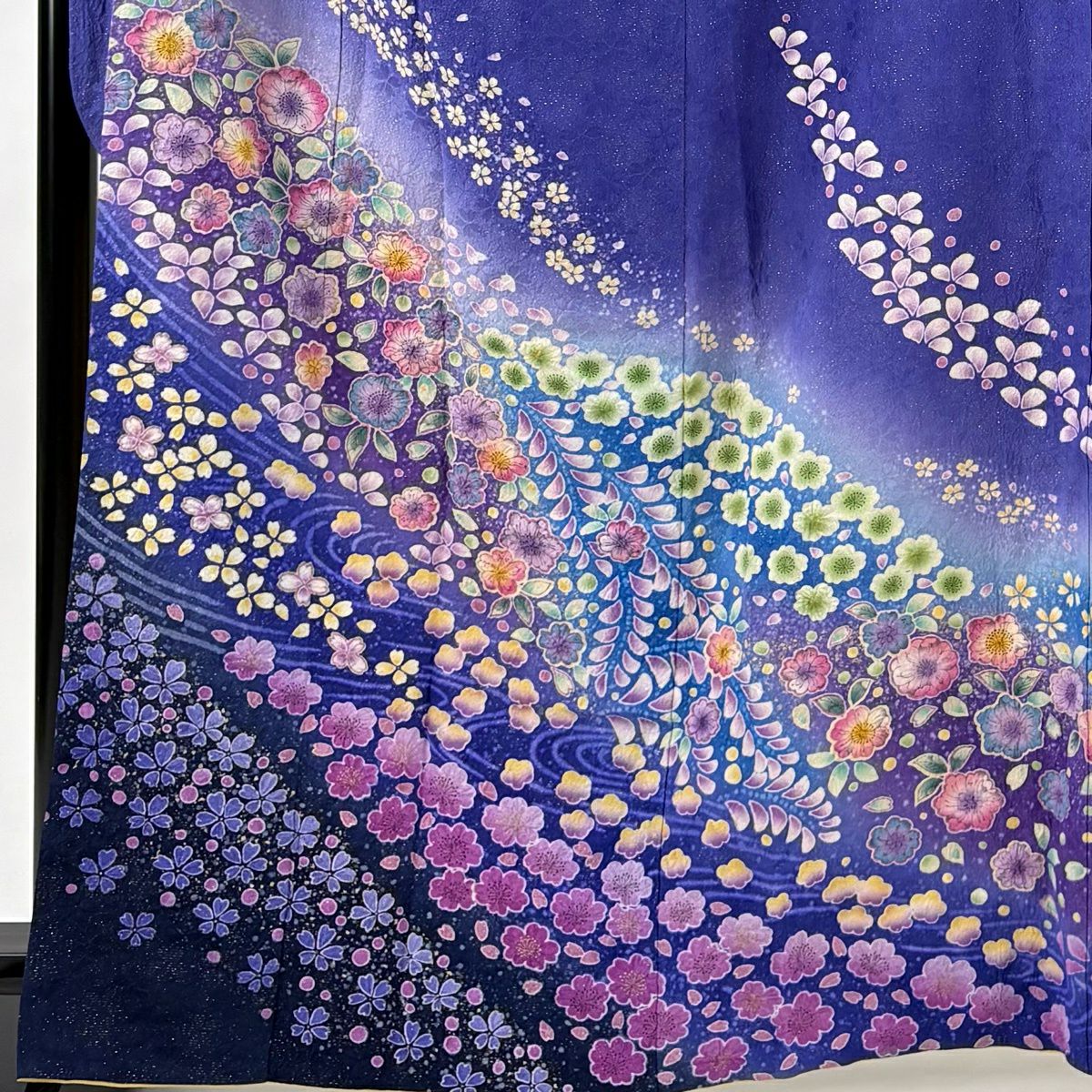 振袖禮服 身長166.5cm 袖長67.5cm L 雙層 辻花染 流水 金通 金銀彩 青紫 純蠶絲 名品級