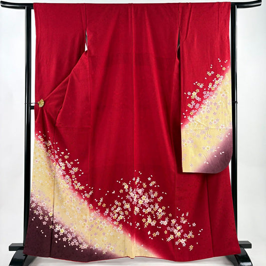 【美品】振袖禮服 身長165cm 袖長62cm S 雙層 櫻花花瓣 染分 漸層 紅 純蠶絲 名品級