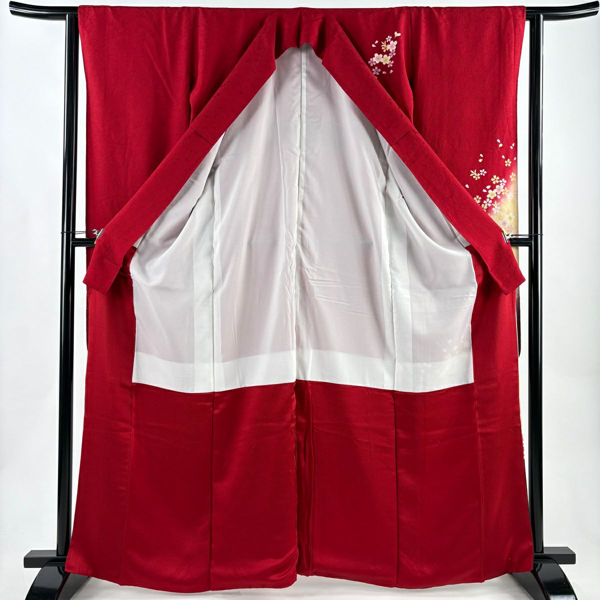 【美品】振袖禮服 身長165cm 袖長62cm S 雙層 櫻花花瓣 染分 漸層 紅 純蠶絲 名品級