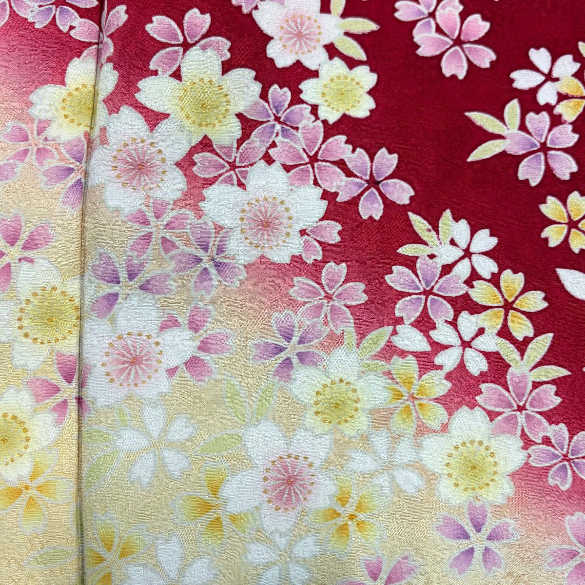 【美品】振袖禮服 身長165cm 袖長62cm S 雙層 櫻花花瓣 染分 漸層 紅 純蠶絲 名品級