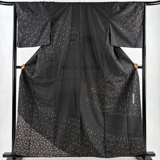 【美品】訪問服 身長161cm 袖長64.5cm M 雙層 川村久太郎 紬織織 地 落款あり 葉 唐草紋 黑 純蠶絲 名品級