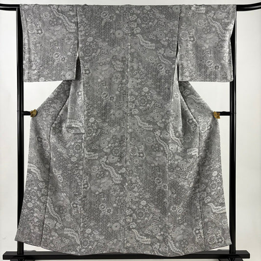 小紋 身長155.5cm 袖長66cm M 雙層 紋意匠 櫻 草花紋 灰 純蠶絲 名品級