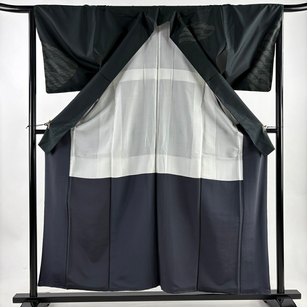 【美品】訪問服 身長158cm 袖長65cm M 雙層 紬織織 落款あり 幾何學圖案 縞 深綠 純蠶絲 名品級
