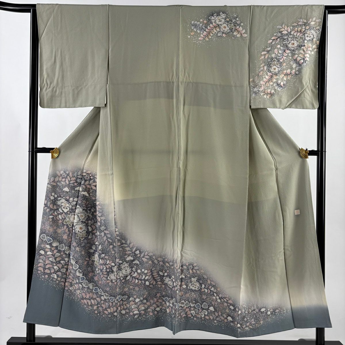訪問服 身長150cm 袖長65.5cm M 雙層 落款有 辻花染 染分 ぼかし 灰綠 純蠶絲 名品級