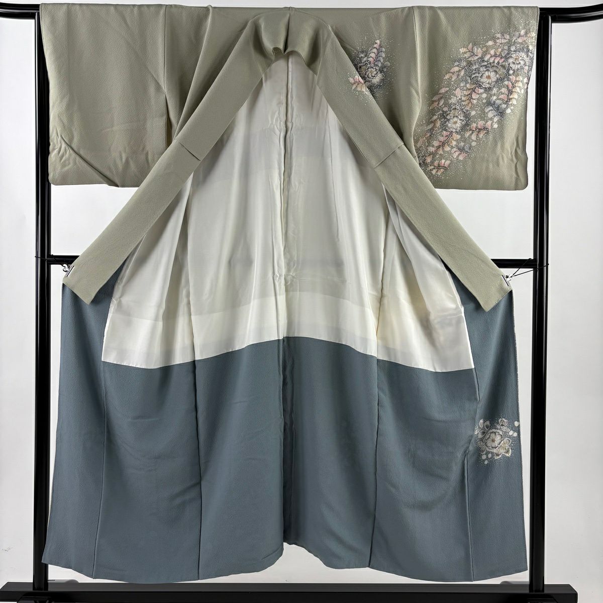 訪問服 身長150cm 袖長65.5cm M 雙層 落款有 辻花染 染分 ぼかし 灰綠 純蠶絲 名品級