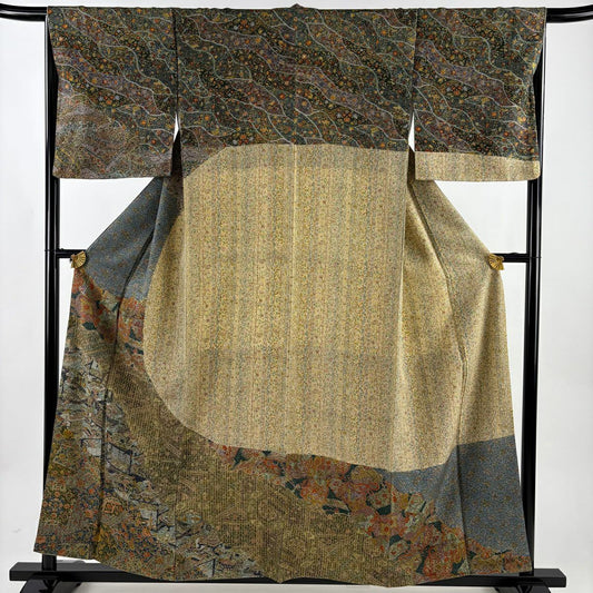 【美品】訪問服 身長157cm 袖長66.5cm M 雙層 鏡裏文 草花紋紋 刺繡 米色 純蠶絲 名品級