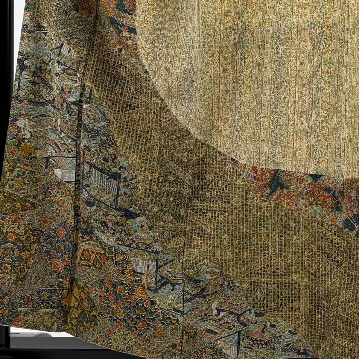 【美品】訪問服 身長157cm 袖長66.5cm M 雙層 鏡裏文 草花紋紋 刺繡 米色 純蠶絲 名品級