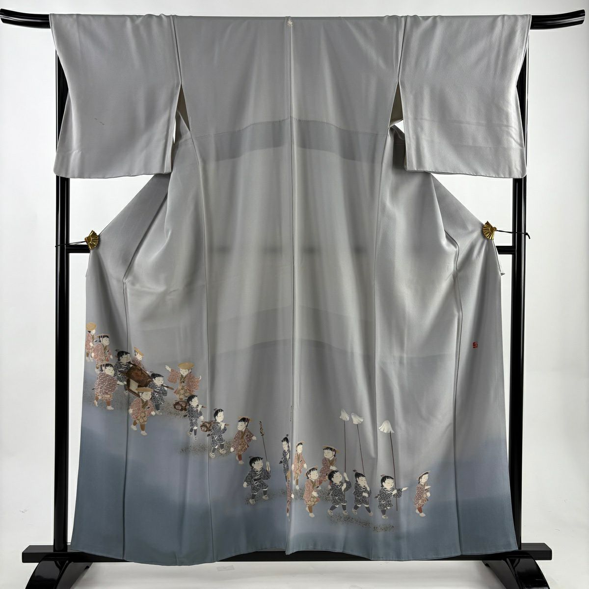 色留袖禮服 身長158.5cm 袖長68.5cm L 雙層 關口遼一 落款あり 童 駕籠 金銀彩 漸層 青灰 純蠶絲 名品級 一つ紋