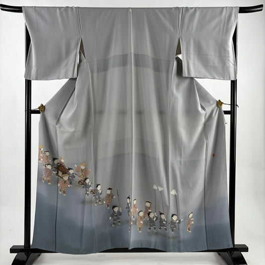 色留袖禮服 身長158.5cm 袖長68.5cm L 雙層 關口遼一 落款あり 童 駕籠 金銀彩 漸層 青灰 純蠶絲 名品級 一つ紋