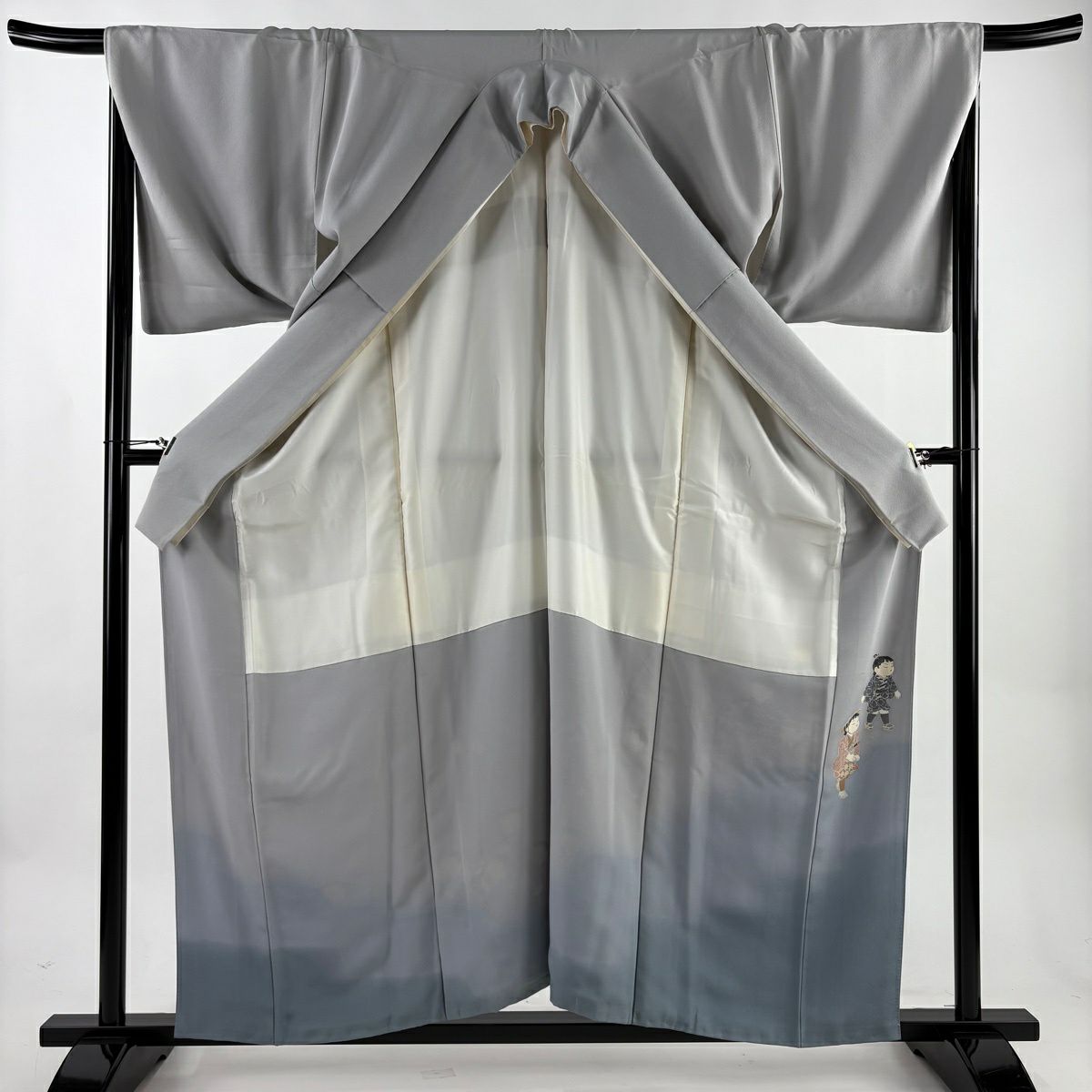 色留袖禮服 身長158.5cm 袖長68.5cm L 雙層 關口遼一 落款あり 童 駕籠 金銀彩 漸層 青灰 純蠶絲 名品級 一つ紋