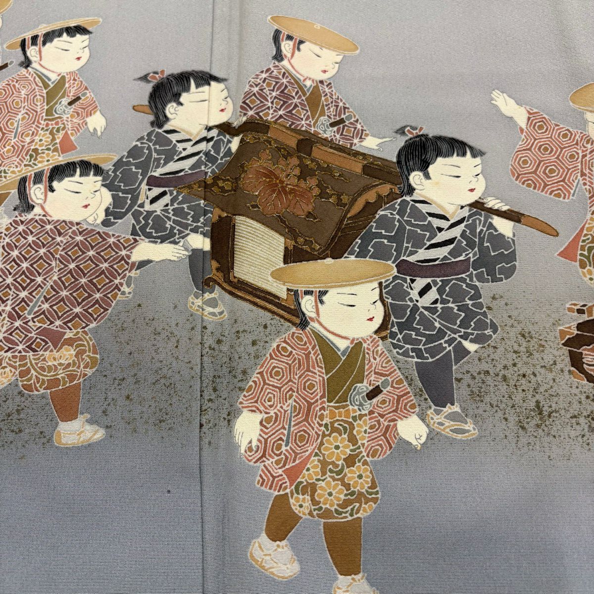 色留袖禮服 身長158.5cm 袖長68.5cm L 雙層 關口遼一 落款あり 童 駕籠 金銀彩 漸層 青灰 純蠶絲 名品級 一つ紋