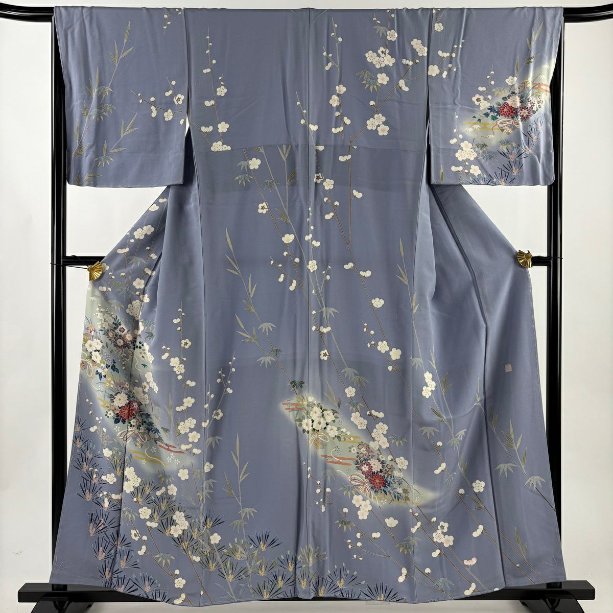 訪問服 身長158cm 袖長66.5cm M 雙層 落款有 松樹竹子梅花 花熨斗紋 漸層 青灰 純蠶絲 名品級