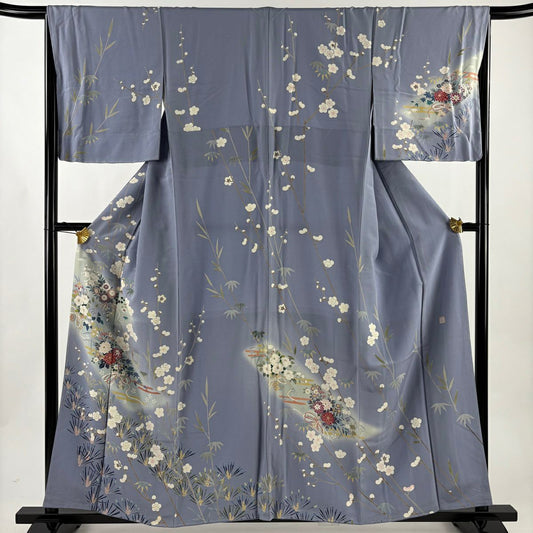 訪問服 身長158cm 袖長66.5cm M 雙層 落款有 松樹竹子梅花 花熨斗紋 漸層 青灰 純蠶絲 名品級