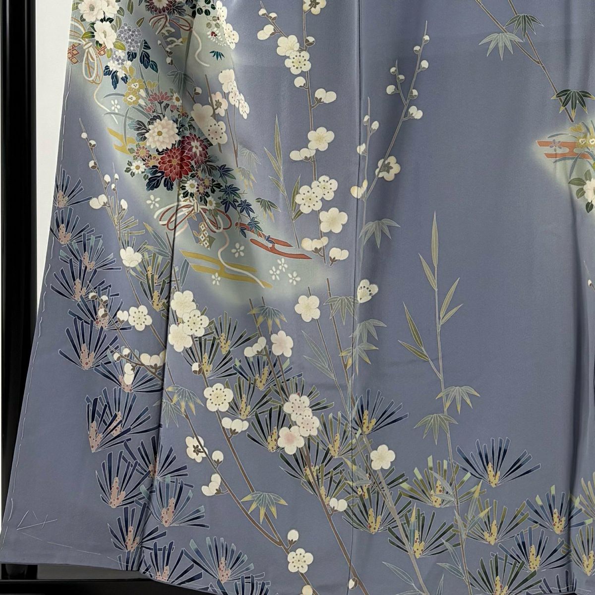 訪問服 身長158cm 袖長66.5cm M 雙層 落款有 松樹竹子梅花 花熨斗紋 漸層 青灰 純蠶絲 名品級