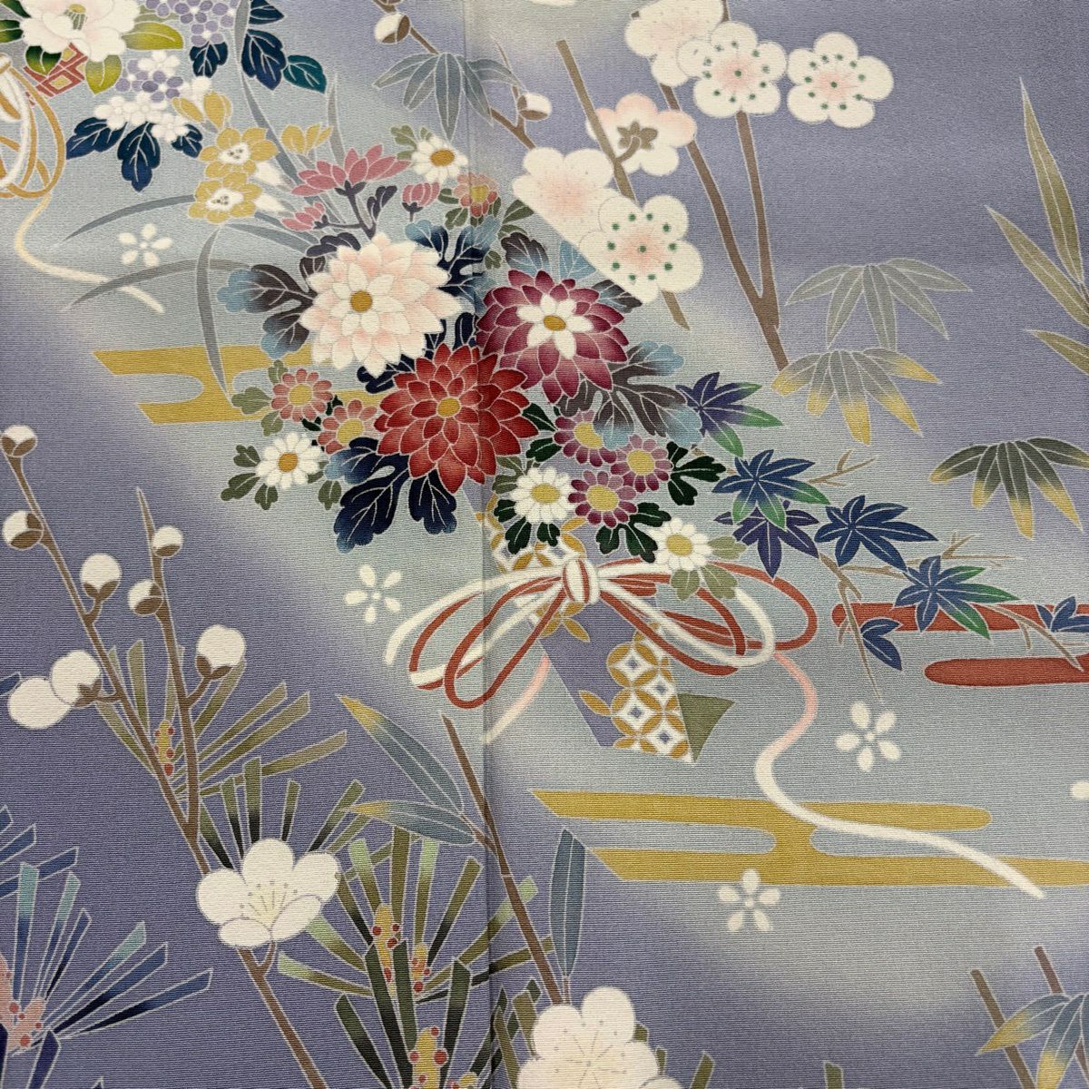 訪問服 身長158cm 袖長66.5cm M 雙層 落款有 松樹竹子梅花 花熨斗紋 漸層 青灰 純蠶絲 名品級