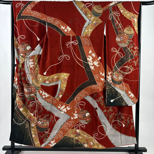 振袖禮服 身長154.5cm 袖長65.5cm M 雙層 鈴 草花紋 金絲 金銀彩 茜 純蠶絲 名品級