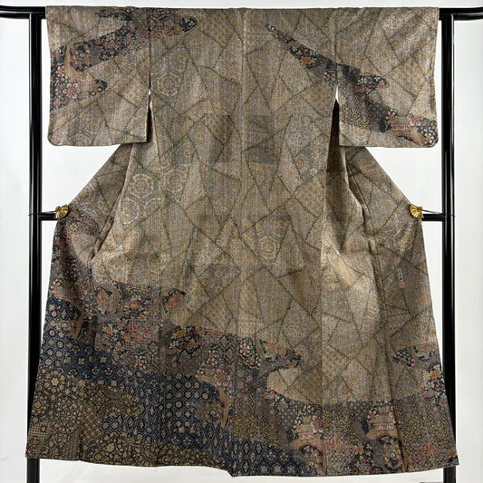 【美品】訪問服 身長151cm 袖長61.5cm S 雙層 二代目 更甚 大島紬織地 落款あり 證書あり 更紗柄 霞 灰色 純蠶絲 名品級