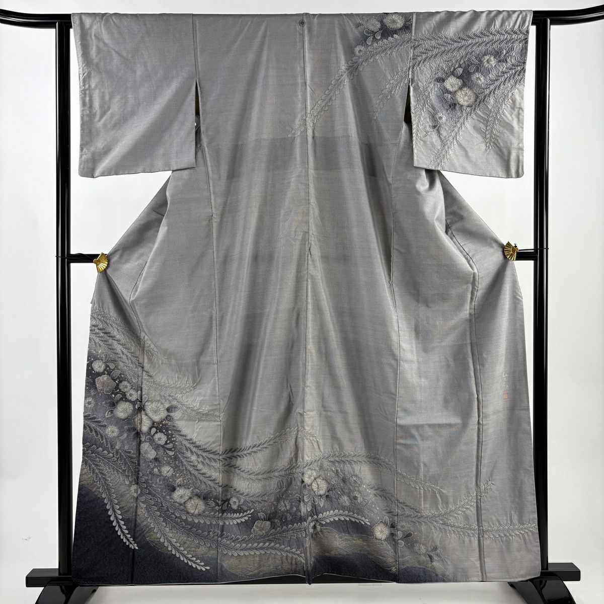 訪問服 身長161.5cm 袖長62.5cm S 雙層 大島紬織地 仙太郎 落款あり 證書あり 辻花染圖案 絞染 金彩裝飾 灰色 純蠶絲 名品級 一つ紋