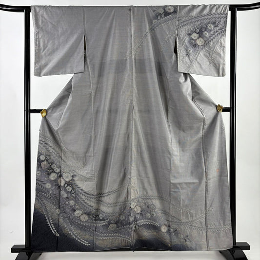 訪問服 身長161.5cm 袖長62.5cm S 雙層 大島紬織地 仙太郎 落款あり 證書あり 辻花染圖案 絞染 金彩裝飾 灰色 純蠶絲 名品級 一つ紋