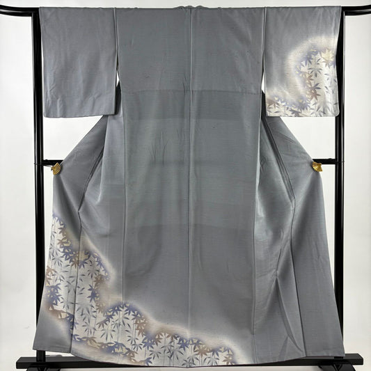 付下 身長159cm 袖長64.5cm M 雙層 竹子葉 輪廓 漸層 紬織織 灰色 純蠶絲 名品級