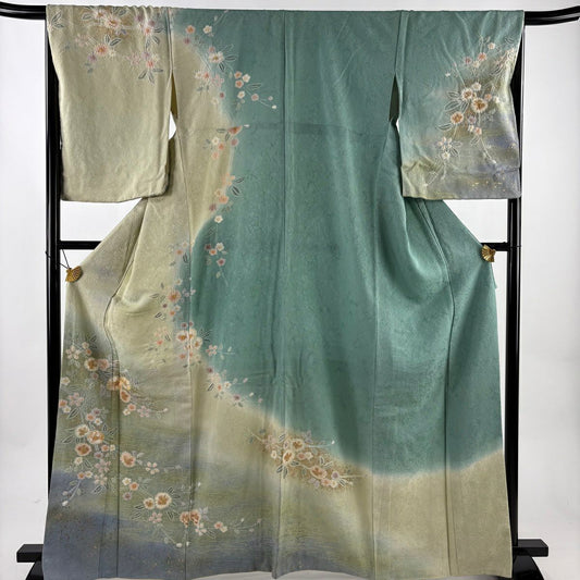 訪問服 身長166cm 袖長68cm L 雙層 大和 草花紋紋 霞 金絲 金銀彩 淺綠 純蠶絲 名品級
