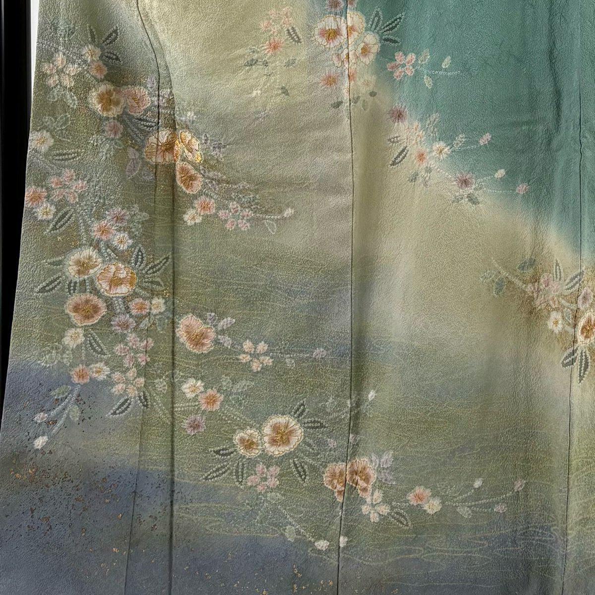 訪問服 身長166cm 袖長68cm L 雙層 大和 草花紋紋 霞 金絲 金銀彩 淺綠 純蠶絲 名品級