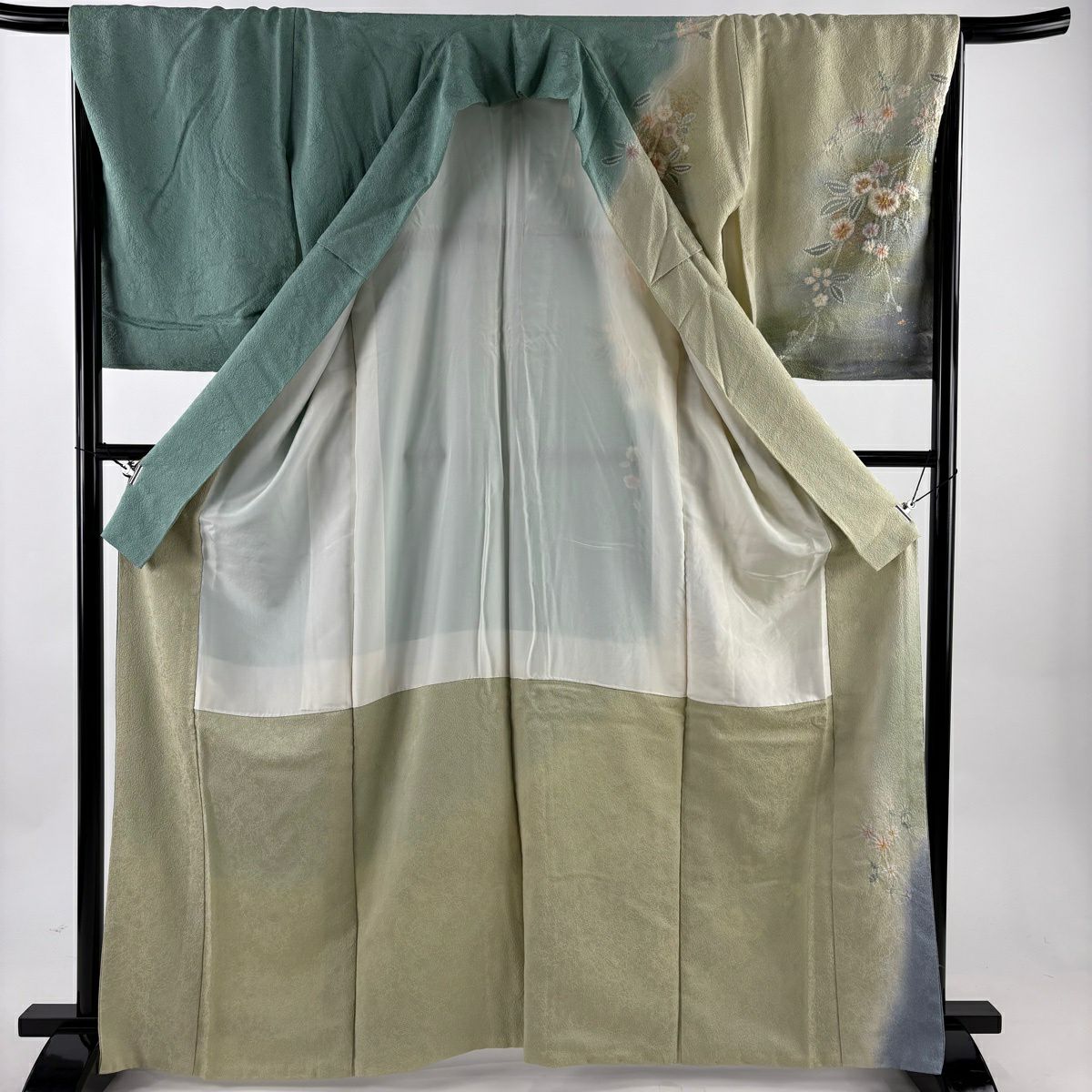 訪問服 身長166cm 袖長68cm L 雙層 大和 草花紋紋 霞 金絲 金銀彩 淺綠 純蠶絲 名品級