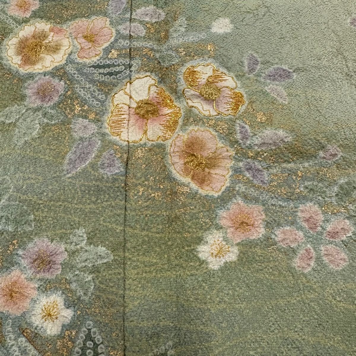 訪問服 身長166cm 袖長68cm L 雙層 大和 草花紋紋 霞 金絲 金銀彩 淺綠 純蠶絲 名品級