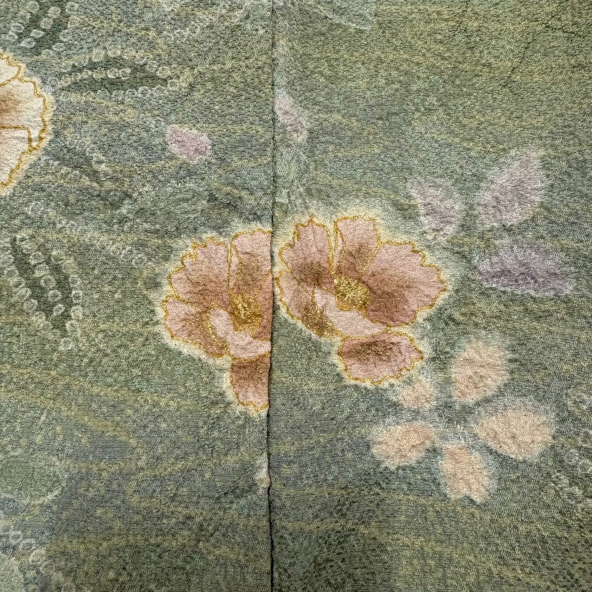 訪問服 身長166cm 袖長68cm L 雙層 大和 草花紋紋 霞 金絲 金銀彩 淺綠 純蠶絲 名品級