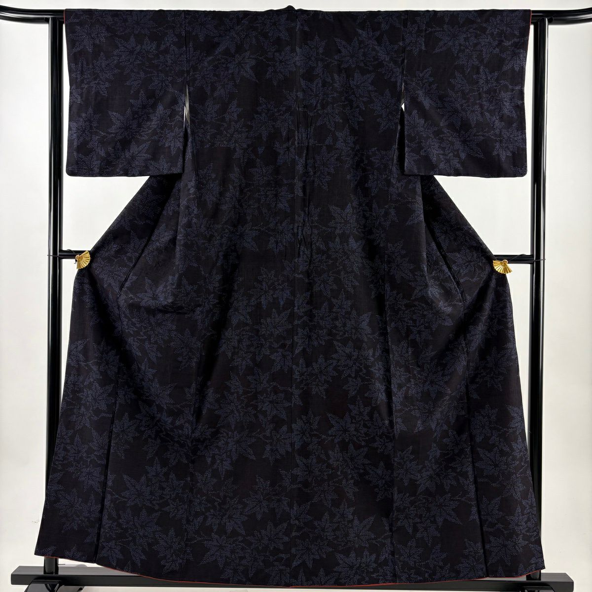 【美品】 紬織 身長158.5cm 袖長62.5cm S 雙層 楓 龜甲絣 青綠 純蠶絲 名品級